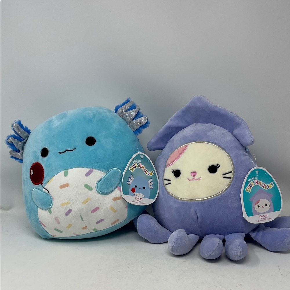 SQUISHMALLOWS CLUTCH THE AXOLOTL and KARINA THE SQUID KITTY NWT 8 IN